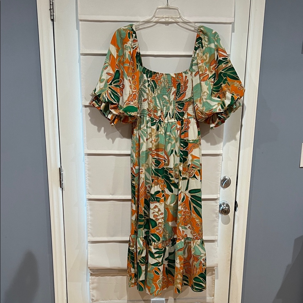 Entro Green and Orange Floral Midi Dress
